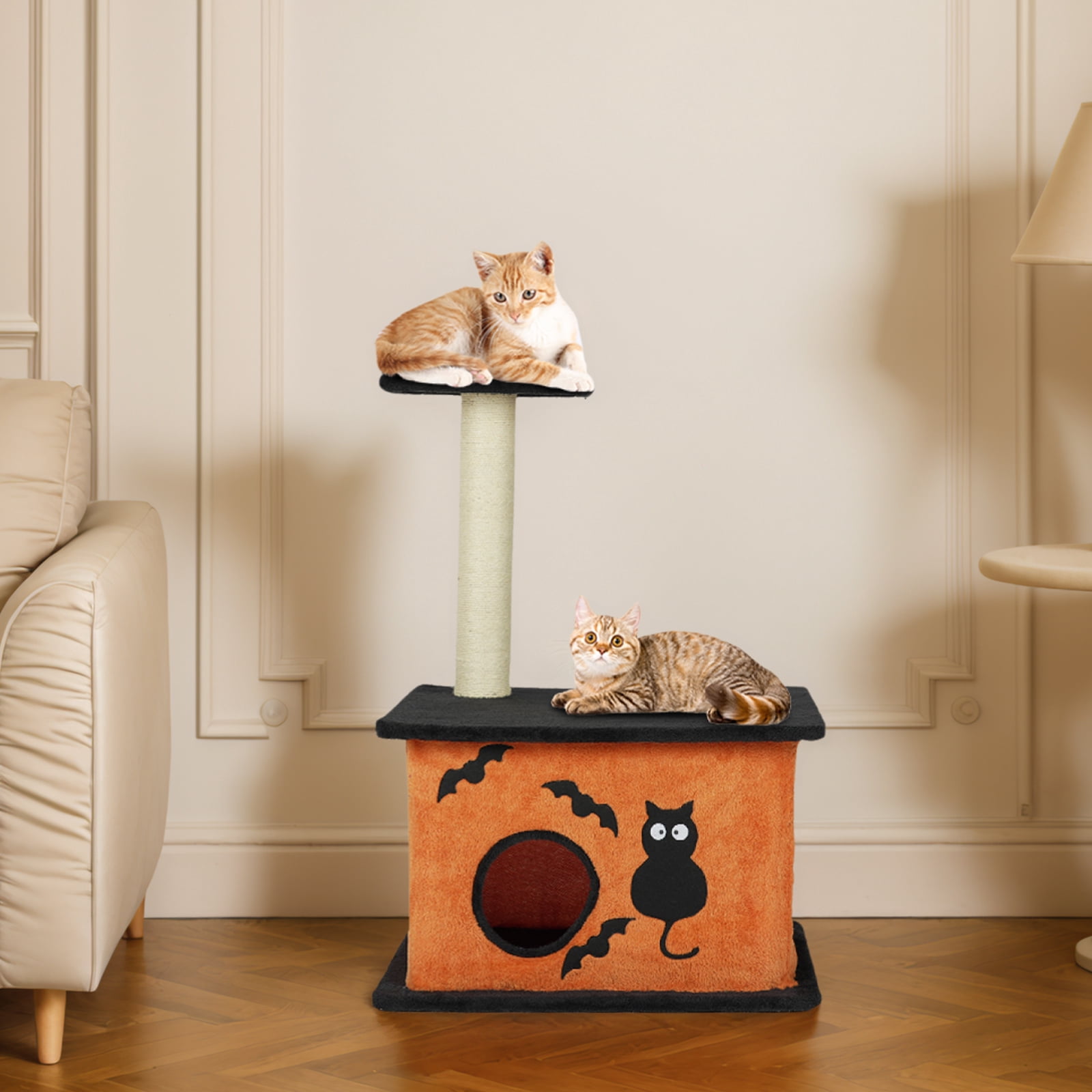 Zimtown Halloween Themed Cat Tree, Two-Level Scary Face Tower for Indoor Cats, Black & Orange