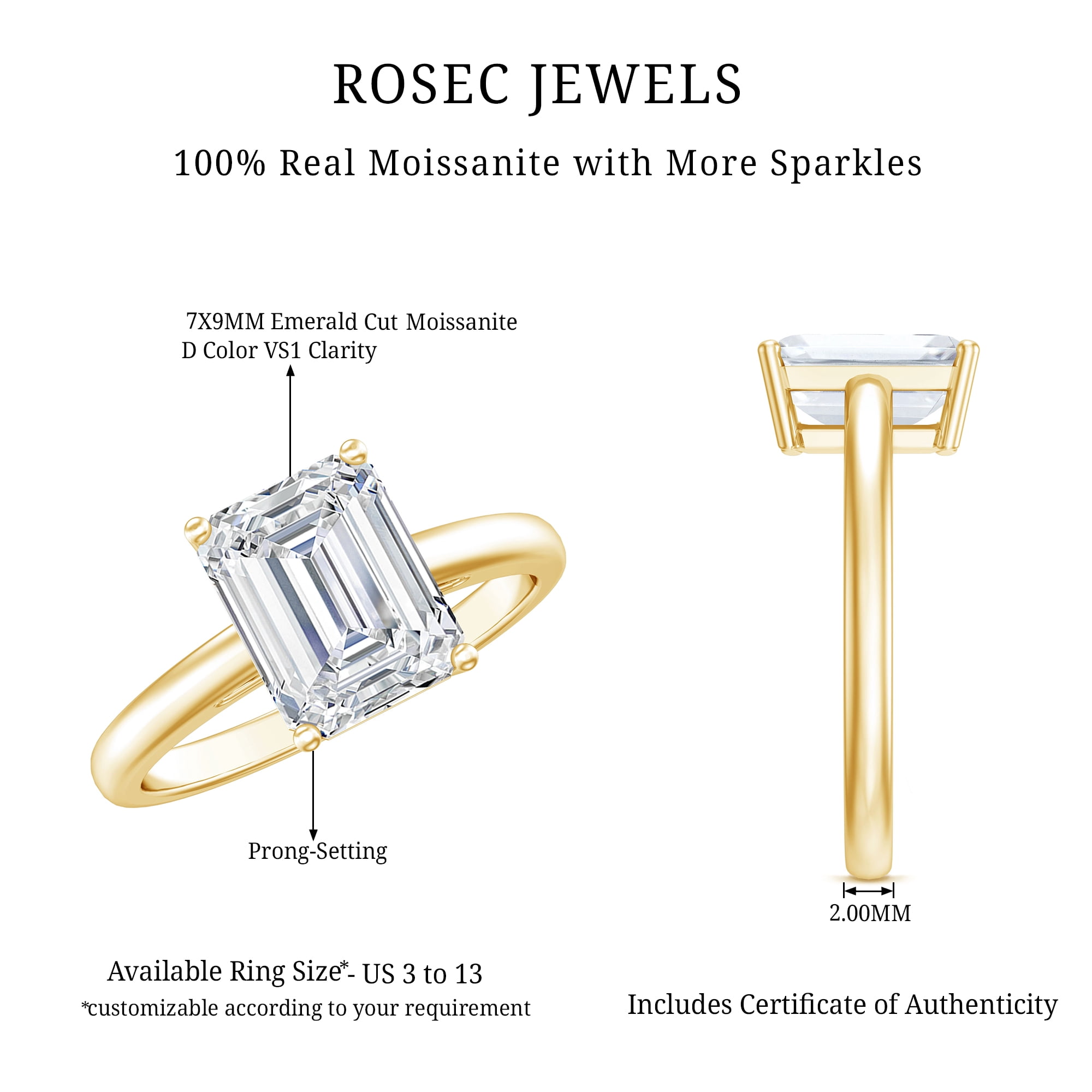 Rosec Jewels Emerald Cut Moissanite Solitaire Engagement Ring for Women - 7X9 mm - 2 ct - D-VS1 Grade, 10K Yellow Gold, US 12.50