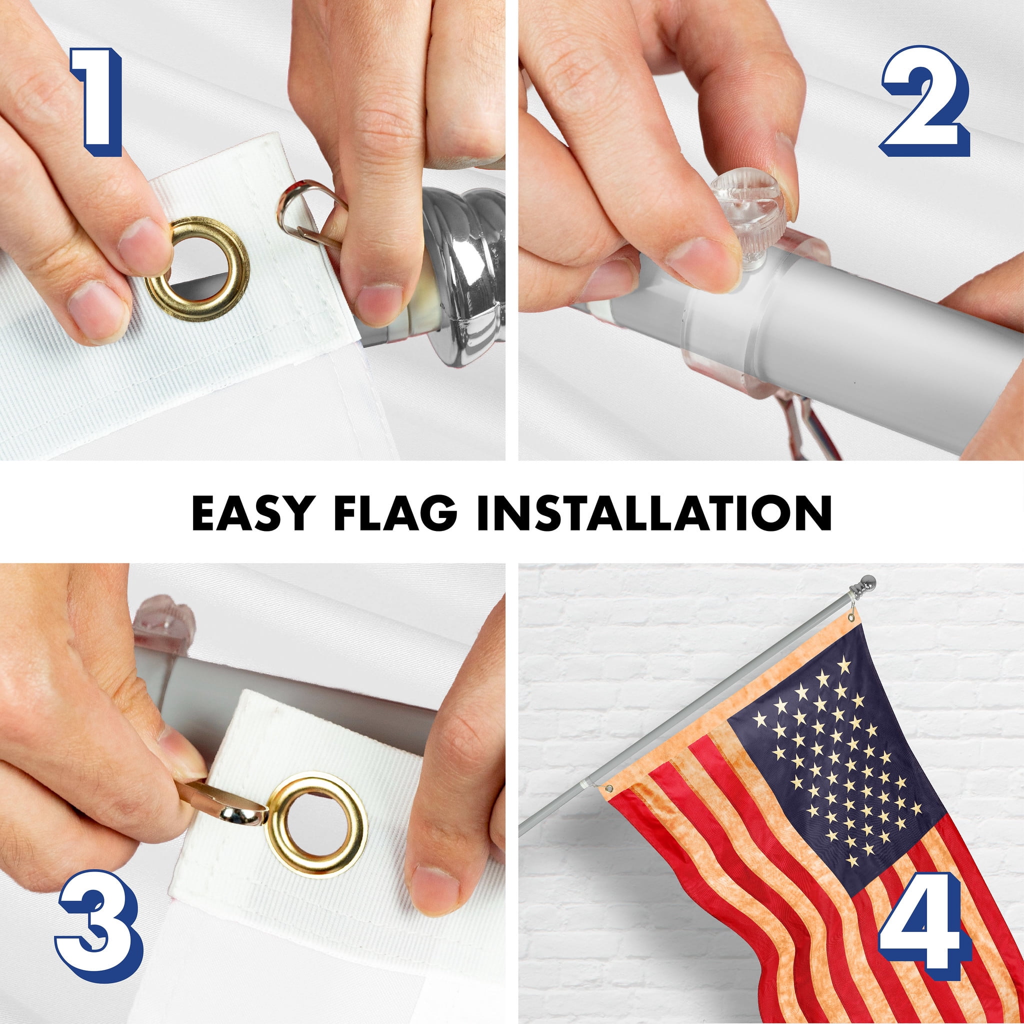 G128 Combo Pack: 5 Ft Tangle Free Aluminum Spinning Flagpole (Silver) & USA Tea-Stained Flag 2.5x4 Ft, ToughWeave Pro Series Embroidered 420D Polyester | Pole with Flag Included