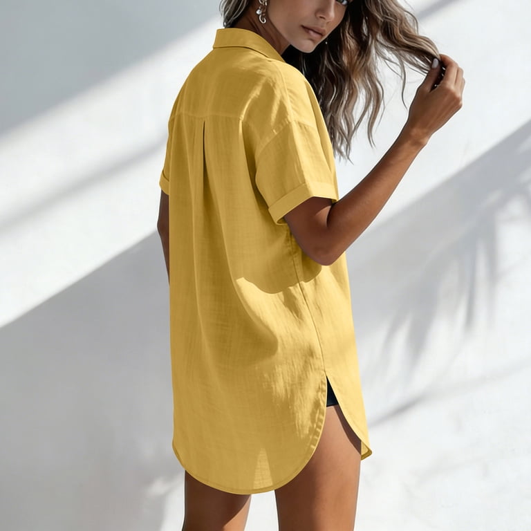 Moxiu Womens Gauze Tops Summer Collared Short Sleeve Side Split