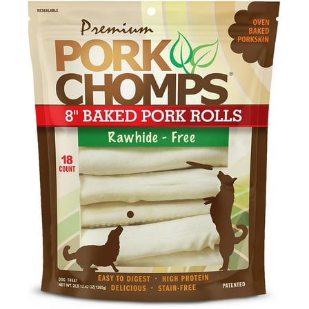 Pork Chomps Premium Rawhide-Free Baked Pork Skin Chew Rolls for Dogs, 8 Inch, 18 Count