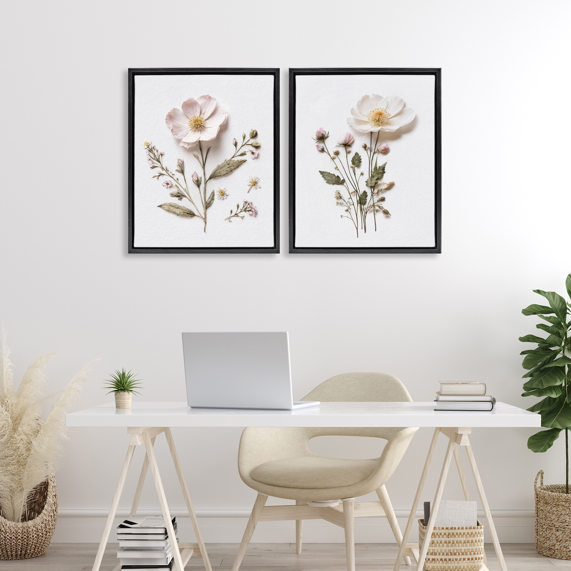 Minimal Pressed Flowers 2 Piece Black Framed Floater Canvas Set, design by Lettered and Lined