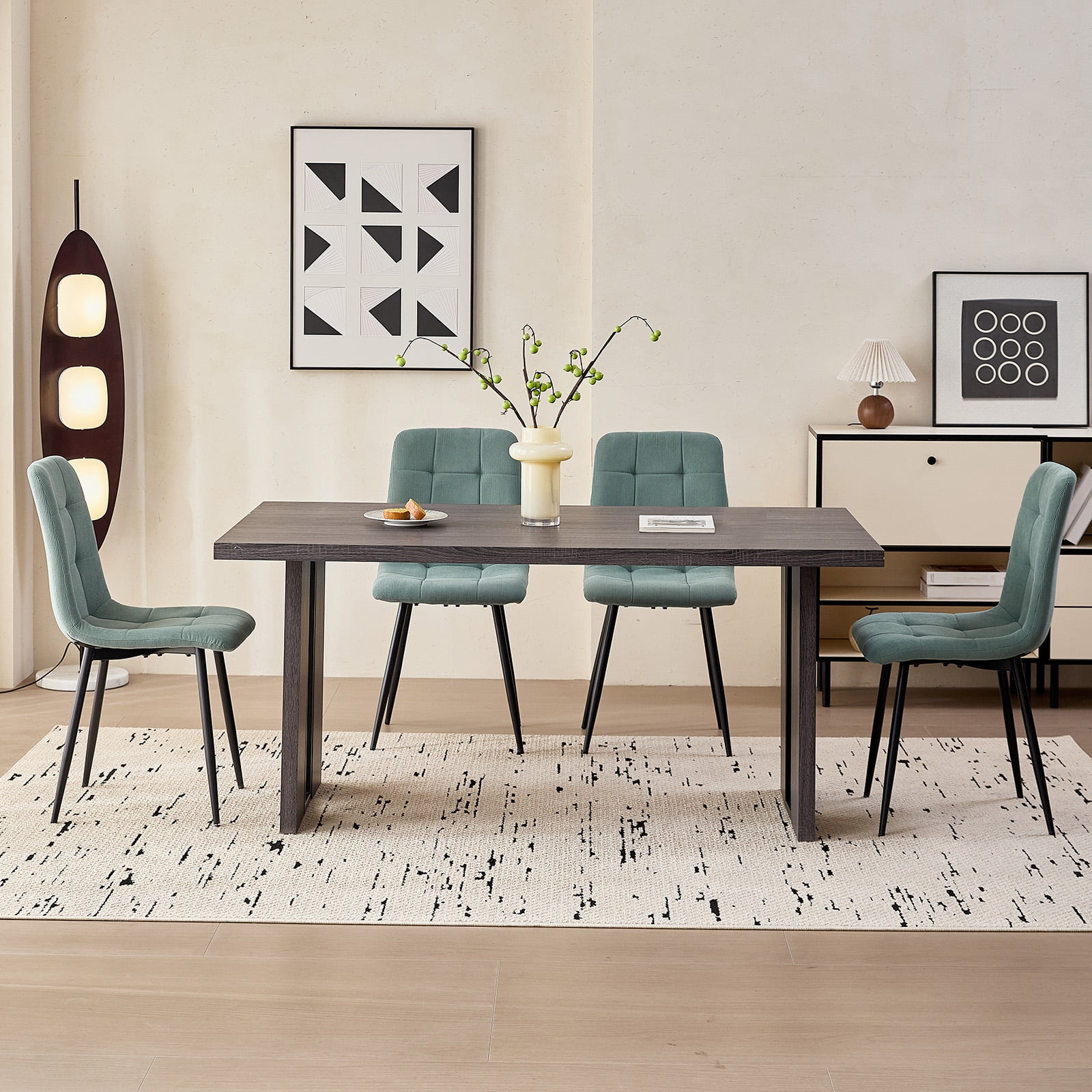 Corduroy Dining Chairs Set of 4, Modern Upholstered Fabric Kitchen Chair with Metal Legs for Living Dining Room, Apartment, Side Chairs with Thick Cushions, Green