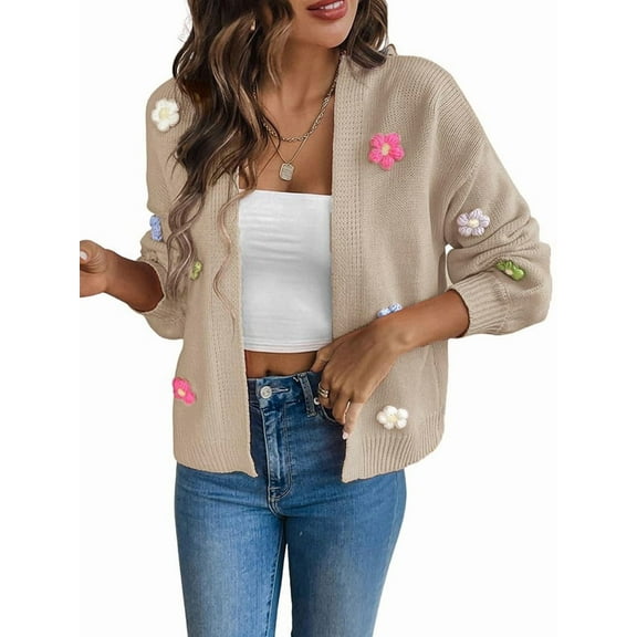 Women'S Cropped Cardigan Sweaters Boho Crochet Floral Embroidery Oversized Open Front Knit Sweater Outwear Khaki L
