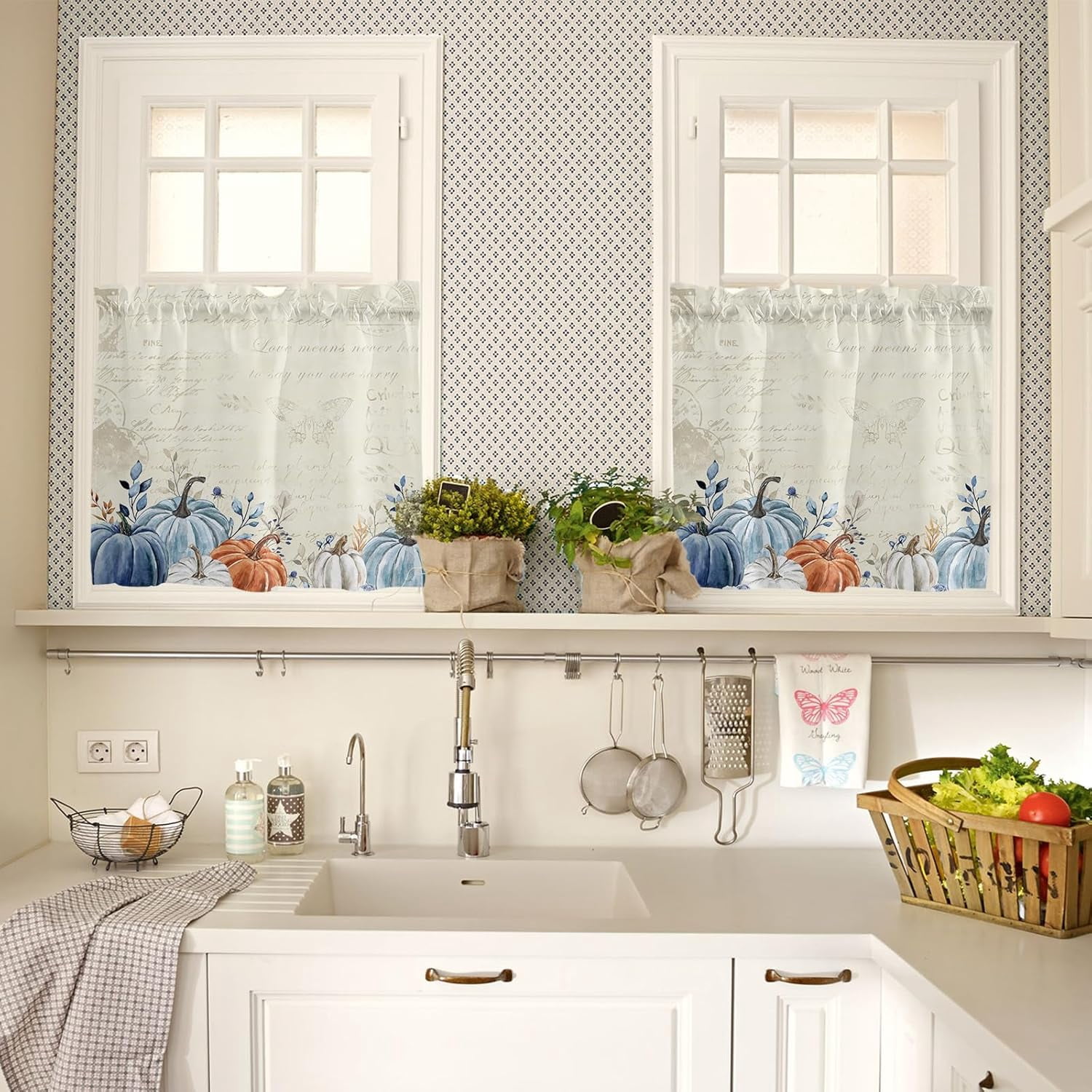 Blue Grey Pumpkin Fall Kitchen Curtains Set Half Curtains 24 Inches Length, Thanksgiving Rustic Tier Curtains and Valance Set, Maple Leaf Botanical Window Treatment Draperies for Cafe Bathroom Bedroom