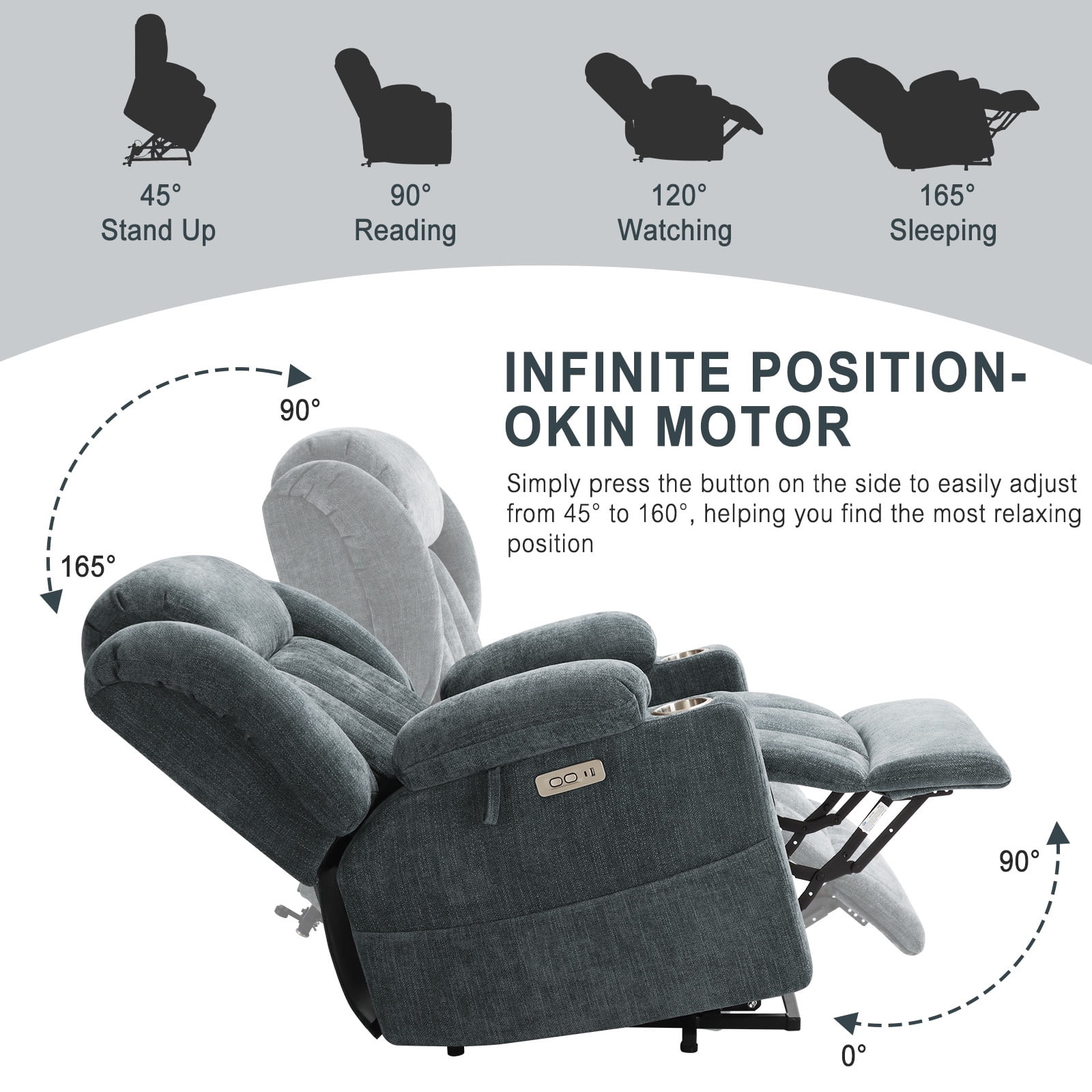 JULY'S SONG Oversized Recliner Chair with Heat and Massage, Power Lift Chairs for elderly with Cup Holders, Heavy Duty Electric Recliners for Adults with USB & Type C ports, Chenille Gray Blue
