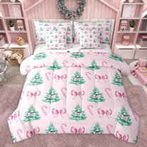 Feelyou Pink Princess Bowknot Twin Bedding Sets 7-Piece for Kids, Cartoon Christmas Tree Bedding Comforter Set, Candy Cane Reversible Sheet Sets, Ultra Soft Bedroom Decor