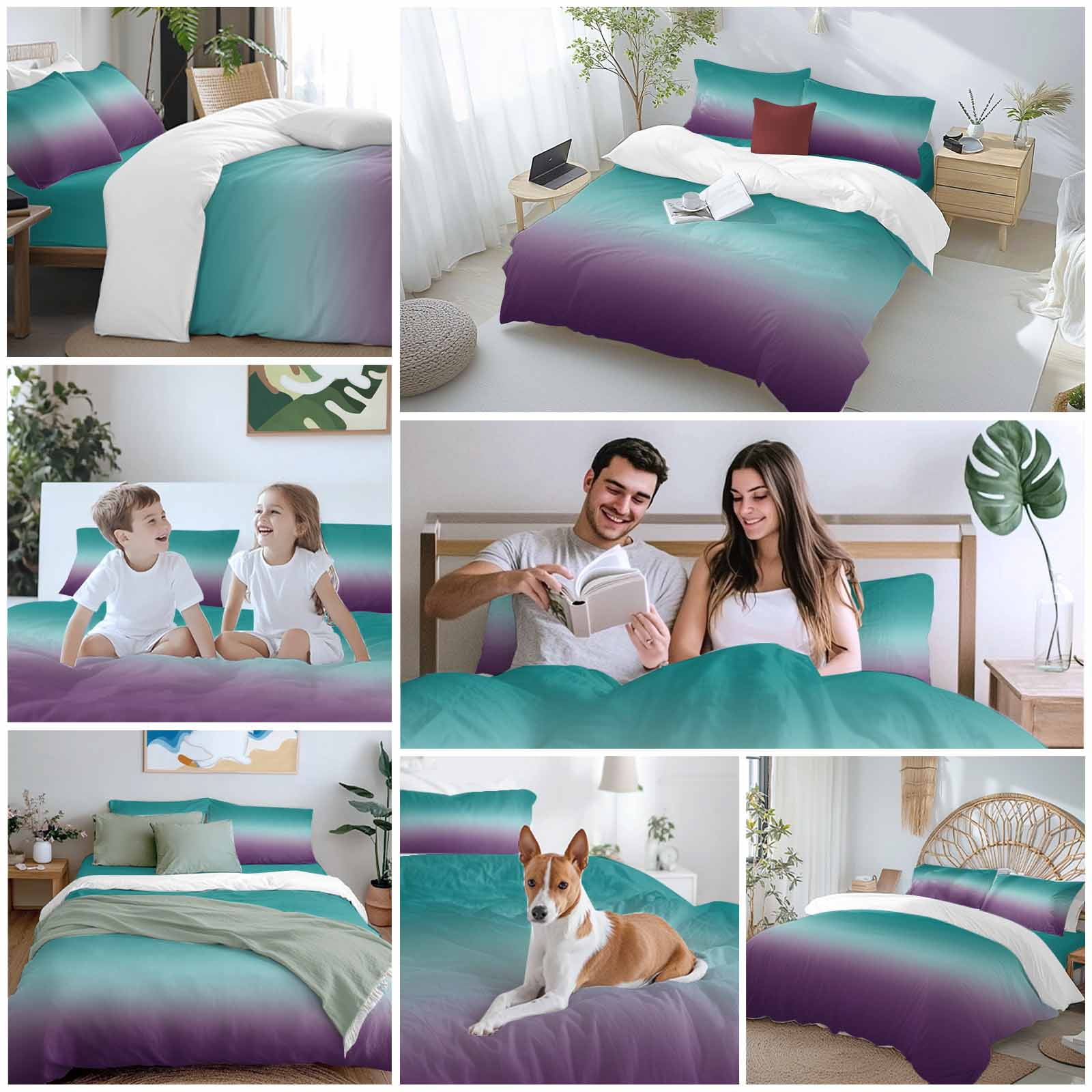 Teal Purple Ombre Duvet Cover Set,Turquoise Gradient Modern Abstract Art Soft Duvet Cover California King Bedding Set 4 Pieces,1 Quiltcover and 2 Pillowcases with Zipper,1 Bed Sheet for All Seasons