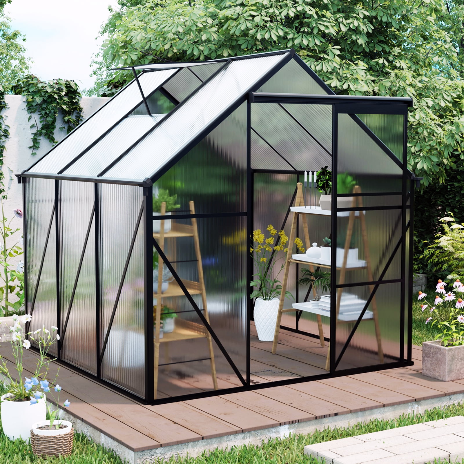 Aurlrtil 6'X6' Polycarbonate Greenhouse, Aluminum Heavy Duty Walk-in Greenhouses for Backyard, Black