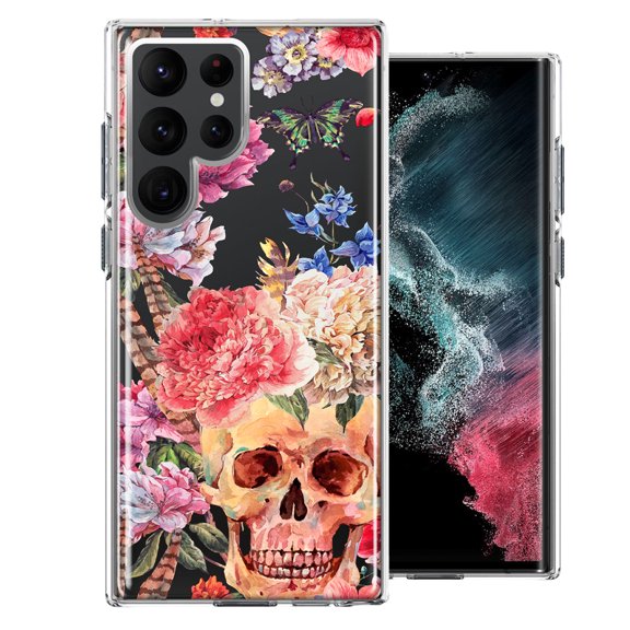 MUNDAZE Case For Samsung Galaxy S22 Ultra Indie Spring Peace Skull Feathers Floral Butterfly Flowers Phone Cover