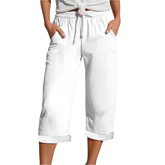 Fiaer,Women's Plus Size Roll Hem Capri Pants,Womens Straight Leg Lounge Loose Fit Trousers,Ladies Comfy Casual Elastic Waist Joggers with 2 Pockets White XL