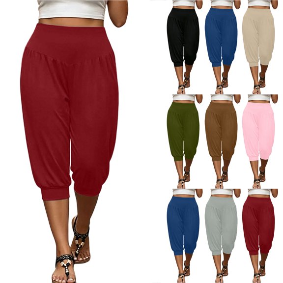Bloomae Plus Size Capri Sweatpants for Women Breathable Athletic Cropped Sweat Pants with Pockets Elastic High Waist Baggy Cinch Bottom Yoga Gym Capris