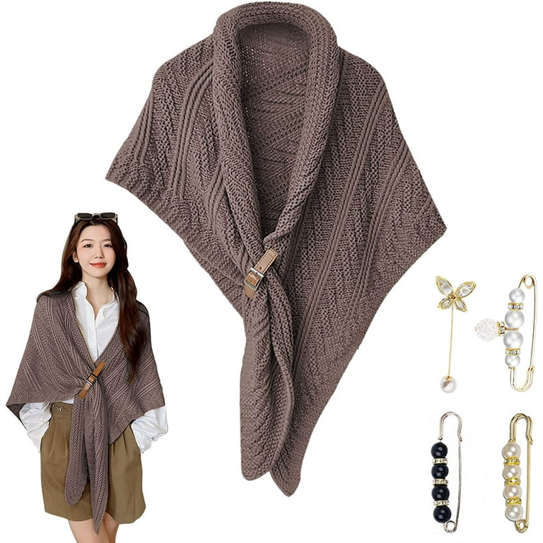 小物 triangle star scarf Knitted Triangle Shawl with Leather Buckle & 4Pcs Pearl