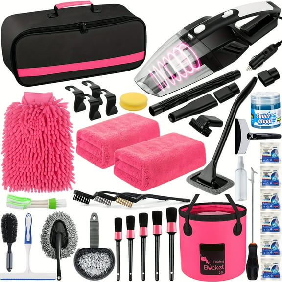19pcs/41pcs Car Cleaning Wash Kit Interior Detailing Cleaner Kit with High Power Handheld Vacuum, Collapsible Bucket, Windshield Tool, Gel, Snow Shovel, Tire Brush, Complete Car Care Tools, Black