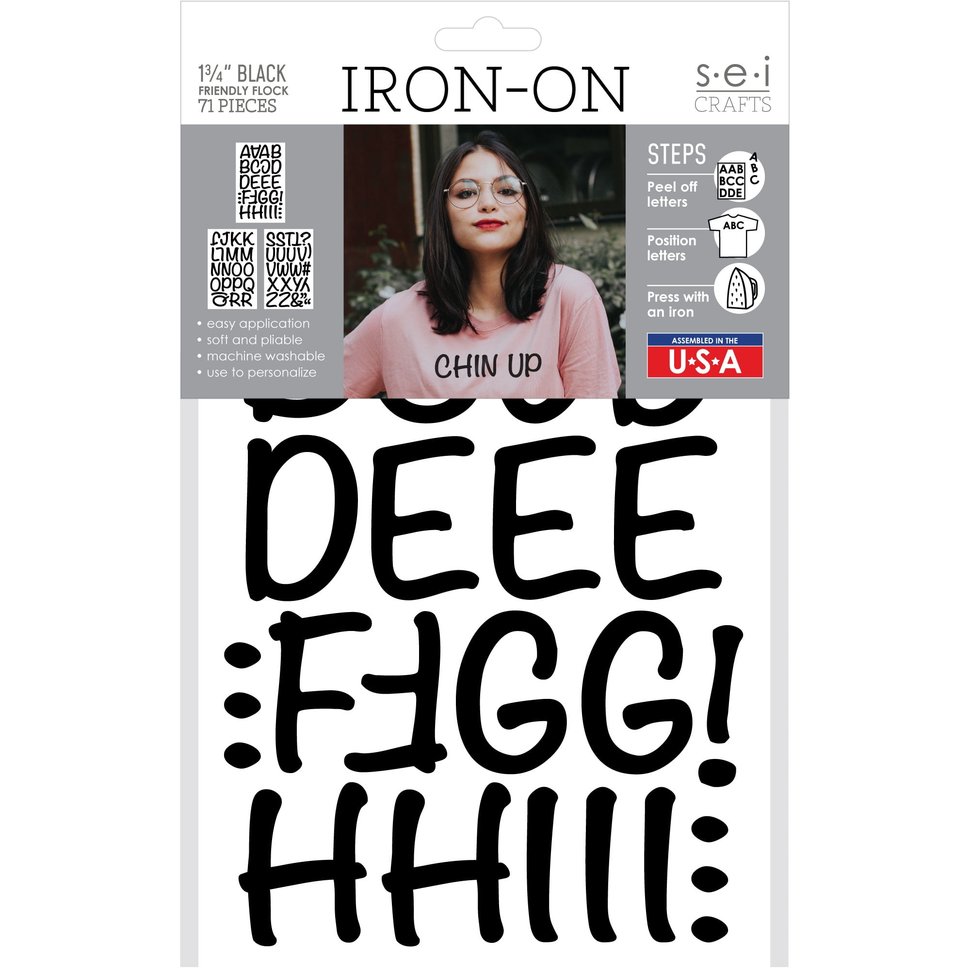 SEI 1.75 Inch Iron-on T-Shirt Letters, Friendly Letters Flock Heat Transfers, Black