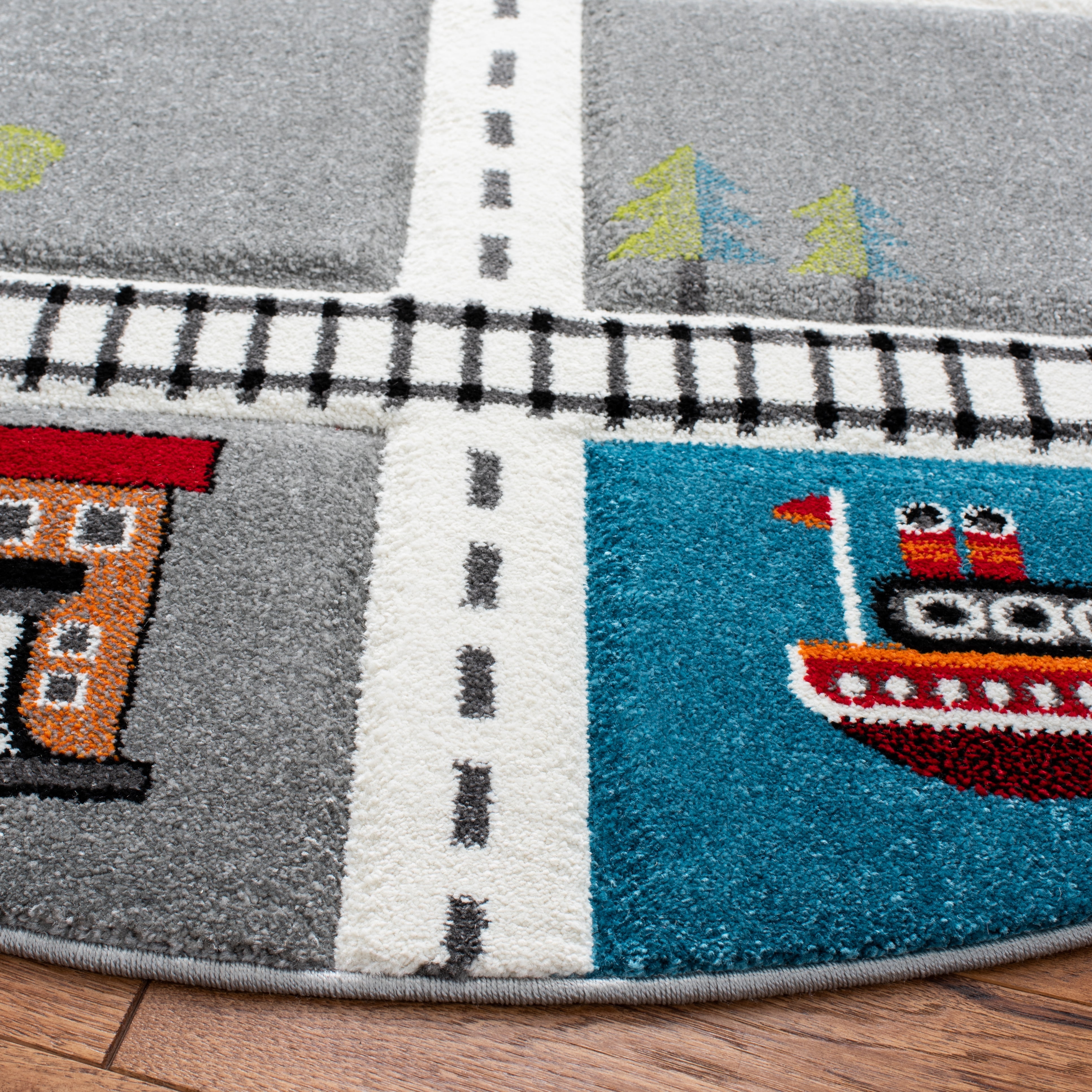 SAFAVIEH Carousel Kids Devan Train Track Area Rug, Gray/Ivory, 5'3" x 5'3" Round