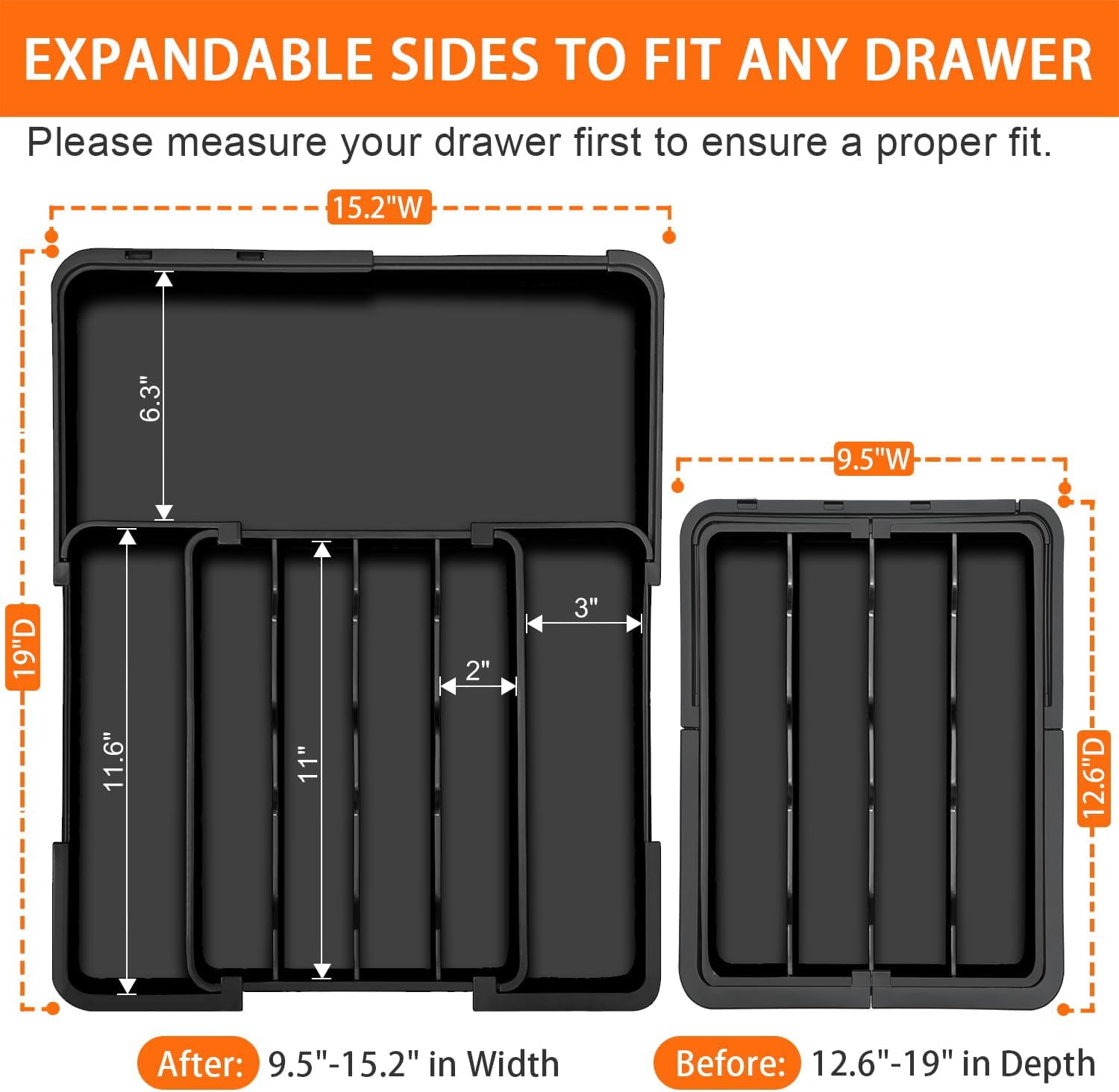 Dish organizer - expandable kitchen drawer organizer, dish drawer organizer, adjustable plastic dish and knife rack, black