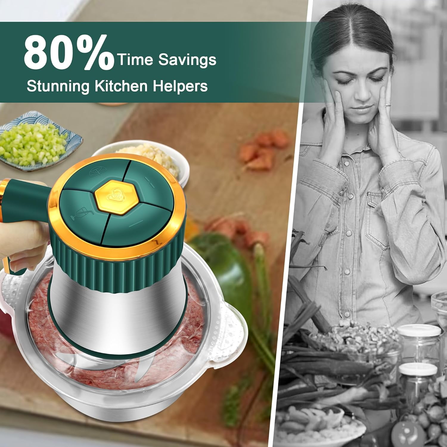 Food Processor, Meat Grinder with 2 Bowls (8 Cup+8 Cup), 5 Speed Modes Electric Food Chopper with 2 Sets Stainless Steel Blades, Kitchen Mincer for Meats Vegetables Fruits Baby Food, 300W (Green)