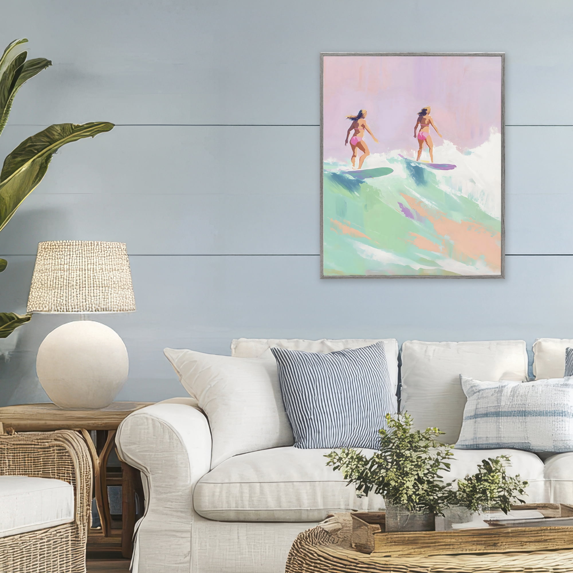 Stupell Industries Two Surfing Girls on Wave Gray Framed Giclee Art, design by The Prints Vibe