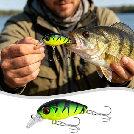 3D Eye Crankbait Hard Fishing Lure Topwater Wobbler with Dual Sharp Hooks Realistic ABS Bait for Freshwater Saltwater Outdoor Angling Green
