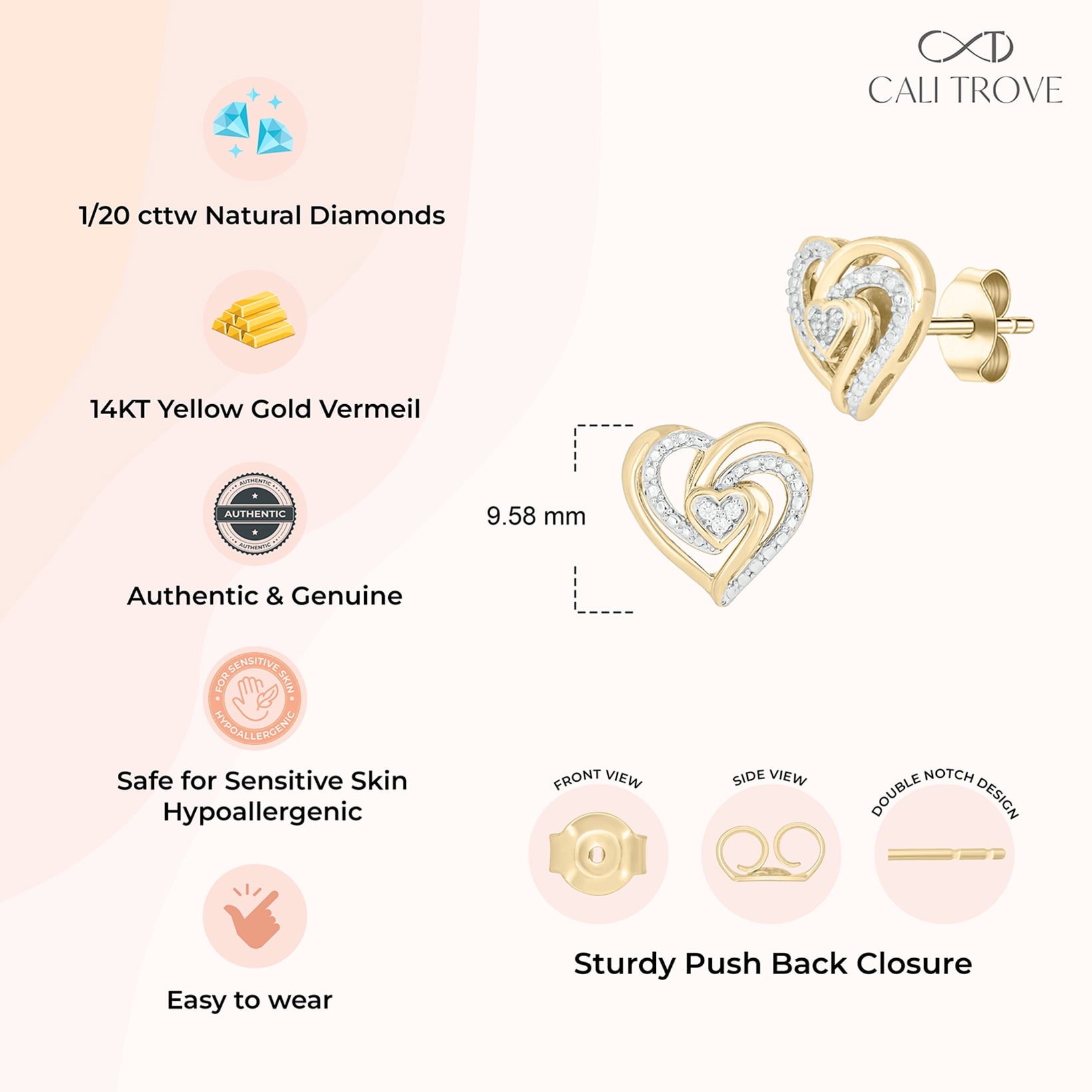14KT Gold Vermeil on 925 Sterling Silver Diamond Twist Heart Stud Earrings for Women, 1/20 Ct
