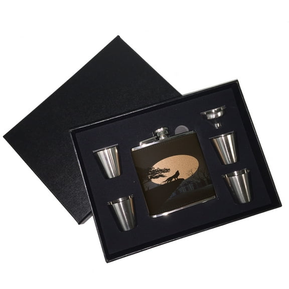 KuzmarK 6 oz. Leather Flask Set in Black Presentation Box -  Wolf Full Moon Mountain