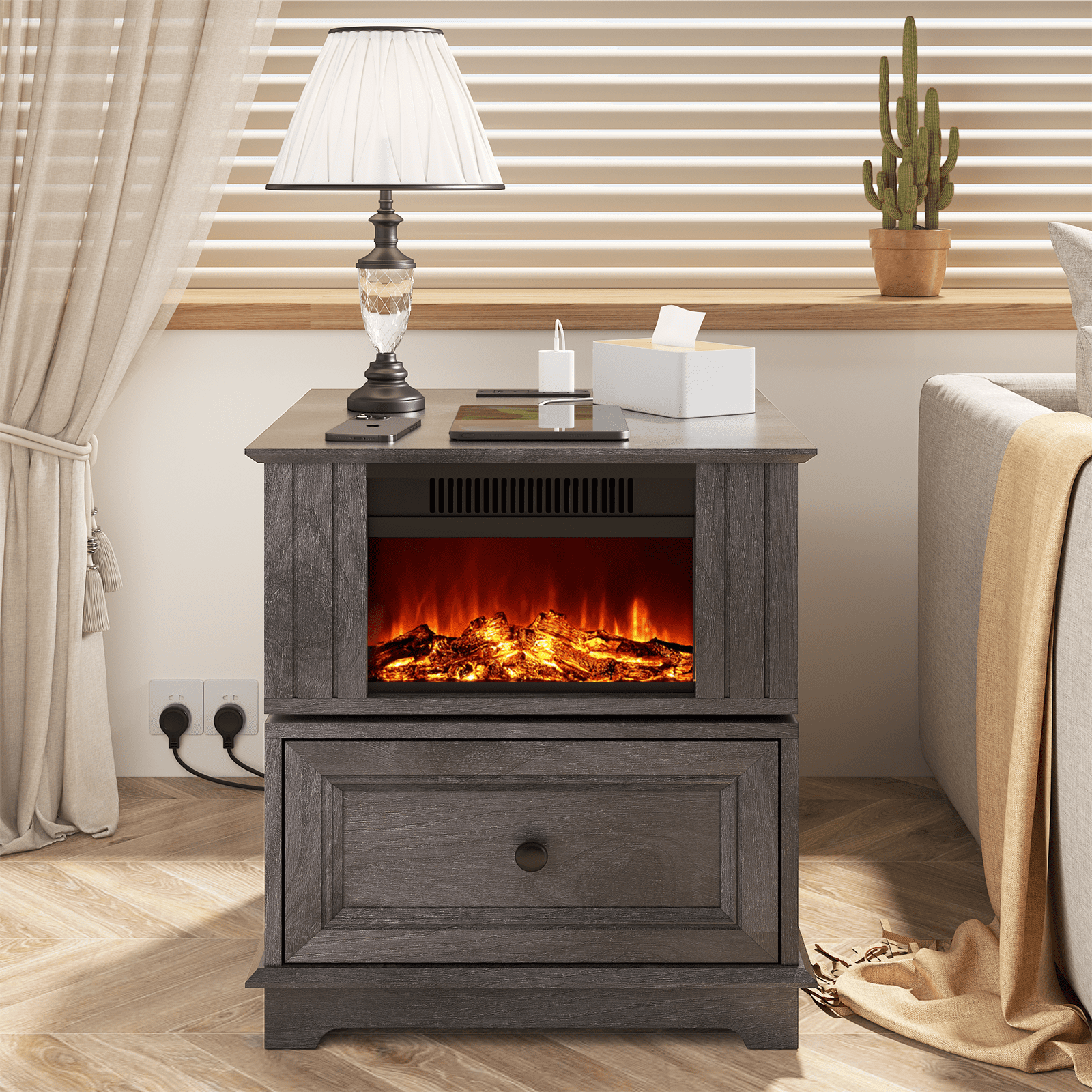 REDAYFUR Rotating End Table with 13" Electric Fireplace Screens, Side Table with Fast Charging Station, 1400W Fireplace Wooden Side Table for Living Room|Bedroom|Office, Dark Gray