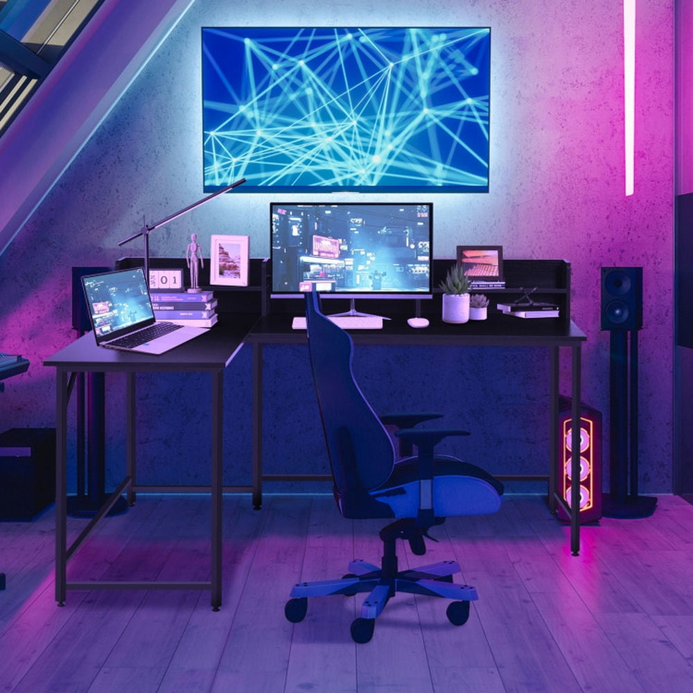 Demi Bonn 5.5" L-shaped Computer Desk with Bookshelf, Small Home Office Desk Study Writing Table, Black