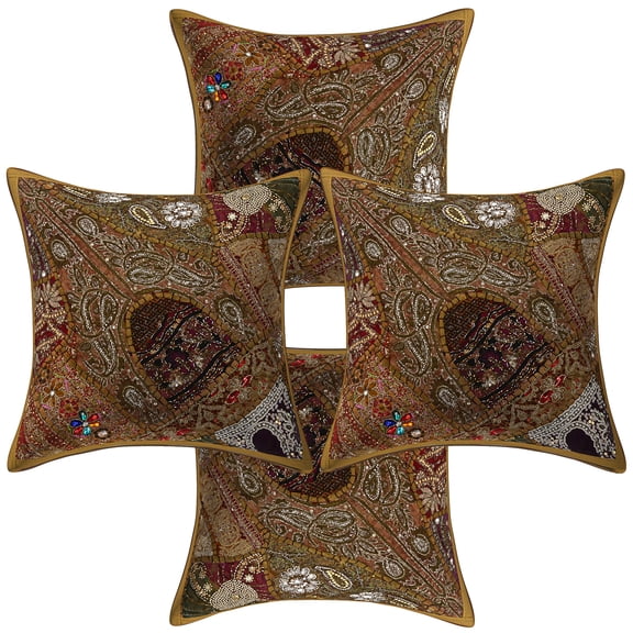Stylo Culture Ethnic Cotton Living Room Throw Pillow Sham Covers Brown 16 x 16 Bohemian Beaded Sequins Patchwork Embroidered Couch Cushion Covers 40x40 cm Home Decor Square Pillow Cases | Set Of 4
