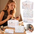 thumbnail image 2 of Bolsa de cosméticos de gran capacidad con estampado floral y doble cremallera. Organizador de maquillaje de viaje para guardar artículos de aseo y papelería, 2 of 6