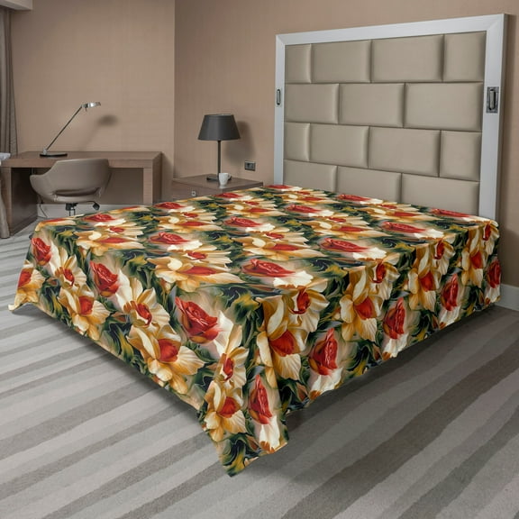 Ambesonne Vintage Floral Flat Bedding Sheet Soft Top Sheet, Abstract Roses Wild, California King, Dark Green and Orange