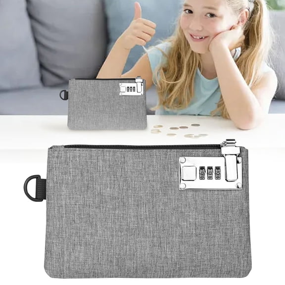 Homesteed Money Bag with Lock Lockable Bank Bag for Cash and Valuables Small Travel Safe for Jewelry Passport Credit Cards Grey