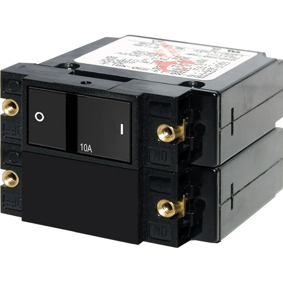 Blue Sea Circuit Breaker 7410-BSS A Series; 10 Ampere; 120/240 Volt AC/32 Volt DC; Double Pole Magnetic Hydraulic Type; Flat Rocker Actuator; 10-32 Screw Terminal; Single