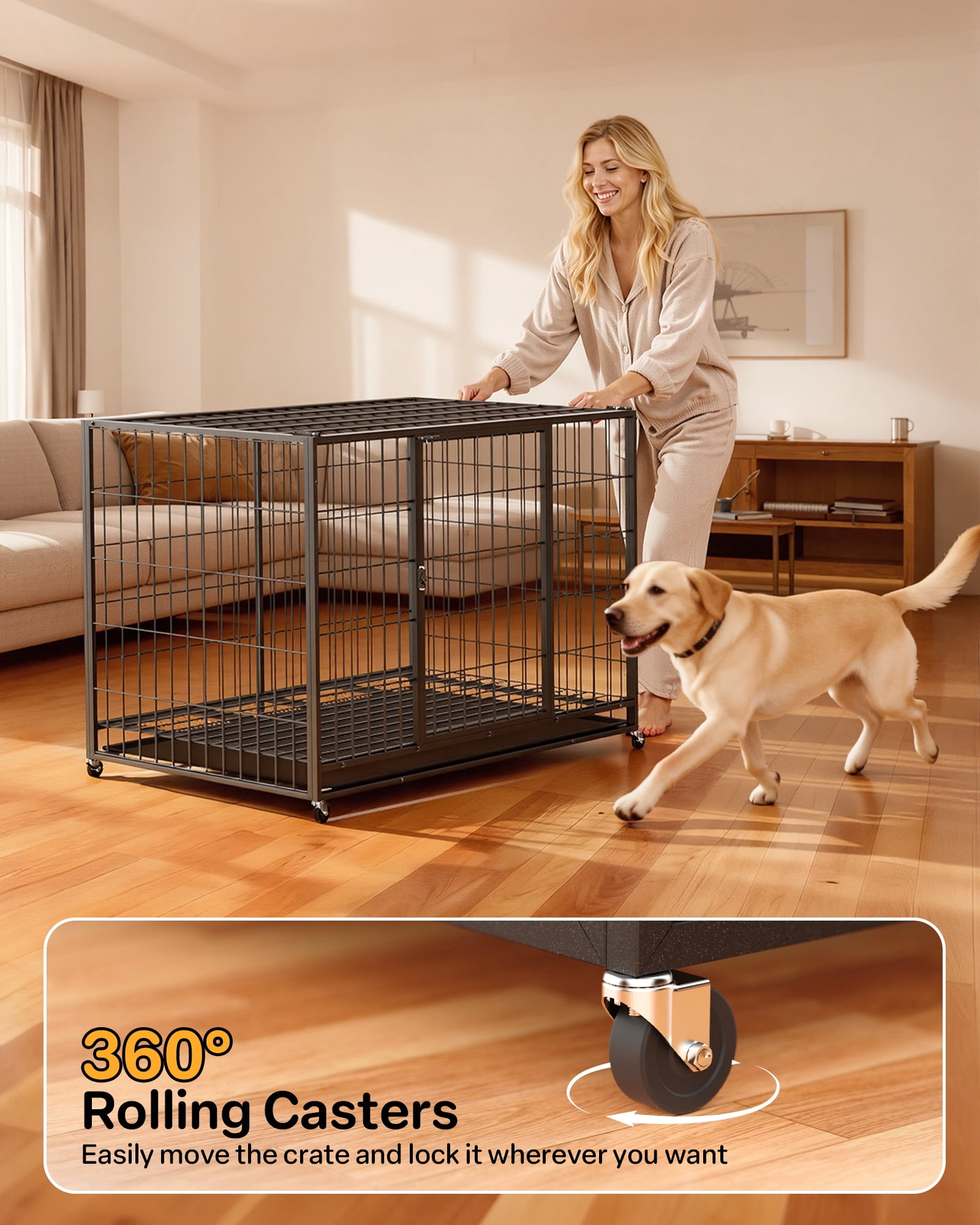 TIME RAY 38" Metal Wire Dog Crate for Large Dogs with Tray and Double Door, Dog Cage for Yard Indoor Outdoor Use,XL Dog Cage Kennel,Black