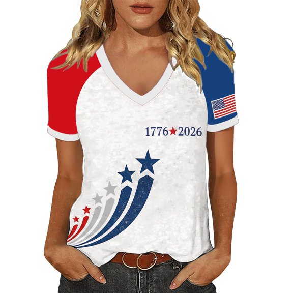 T Shirts Women 4Th Of July Patriotic Print V Neck Short Sleeve Topsfor Daily Wear Womens Tees White L