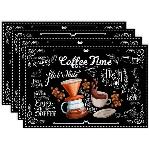 Coffee Time Placemats Set of 4, 12x18 Inch Retro Black Cup Coffee Bean Latte Tea Party Modern Cafe Table Mats for Party Kitchen Dining Decoration