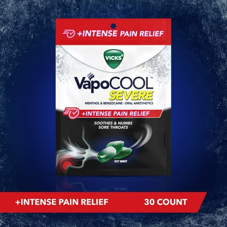 Vicks VapoCOOL SEVERE  Intense Pain Relief Menthol & Benzocaine Drops/Lozenge, Icy Mint, 30 Count