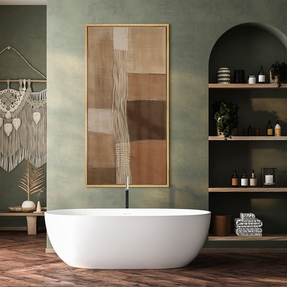Large Framed Canvas Wall Art Neutral Brown Abstract Geometric Lines Print for Living Room Decoration - 60"x30" Natural Frame