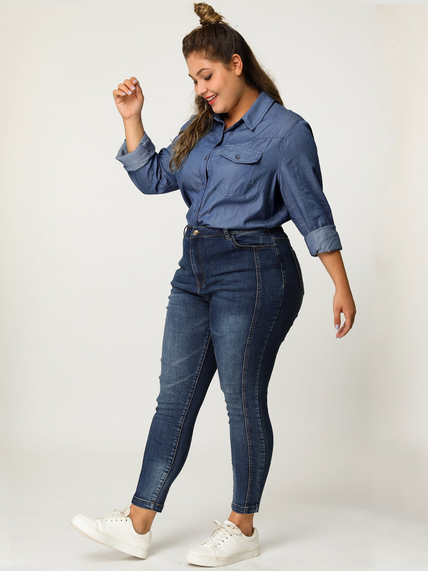 DARING DIVA Women's Plus Chest Pocket Long Sleeve Denim Chambray Shirt 6X Blue