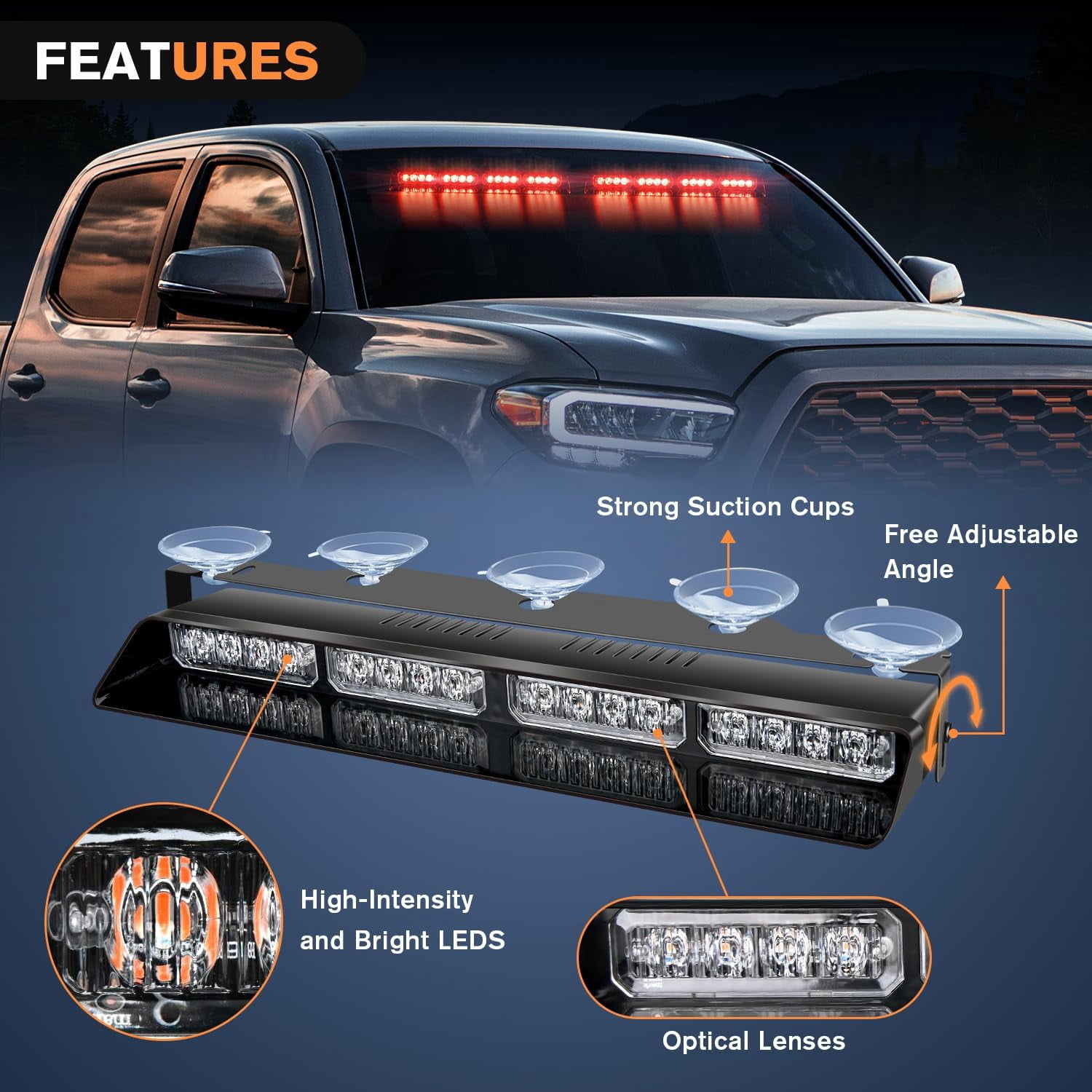 Nilight 32Led Red Emergency Dash Strobe Lights with Controller Suction Cups Warning Hazard Interior Front/Rear Windshield Deck Split Light Bar