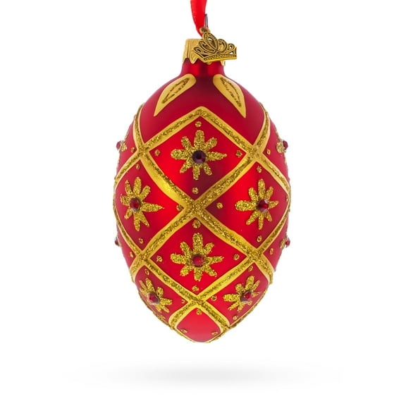 Gold Stars on Red Glass Egg Ornament 4 Inches