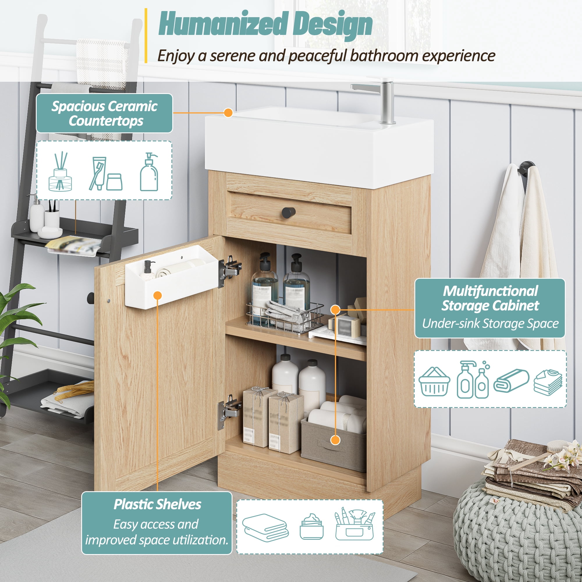 Rustic Bathroom Vanity with Reversible Resin Sink, Adjustable Shelf and Zinc Handles, 18.5" Wood Grain Melamine
