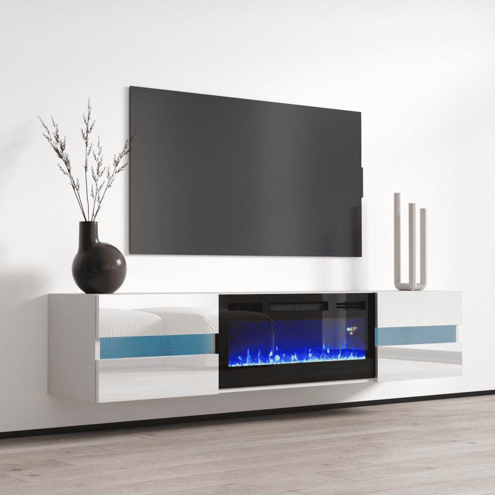 Metro BL-EF Floating Fireplace TV Stand for TVs up to 80", Modern High Gloss 72" Entertainment Center, Wall Mounted Electric Fireplace TV Media Console with Storage Cabinets