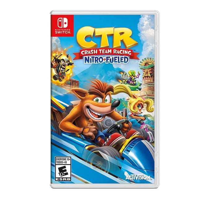 crash team racing nitro fueled nintendo switch digital portada con el logo CTR en amarillo, Crash en primer plano conduciendo un kart azul, Coco y otros personajes en pistas coloridas; carátula muestra los logos de Nintendo y Activision, adecuada para fans de carreras y multijugador.
