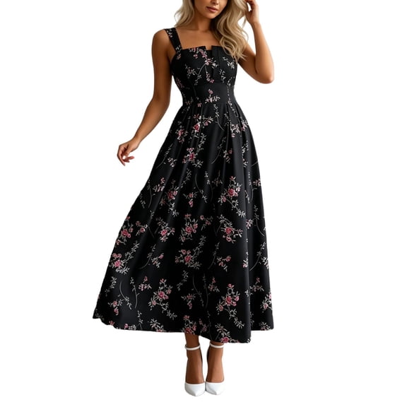 Summer Maxi Dress for Women Floral Print Sleeveless Strap V Neck Bodycon Casual Beach Vacation Sundress Size L