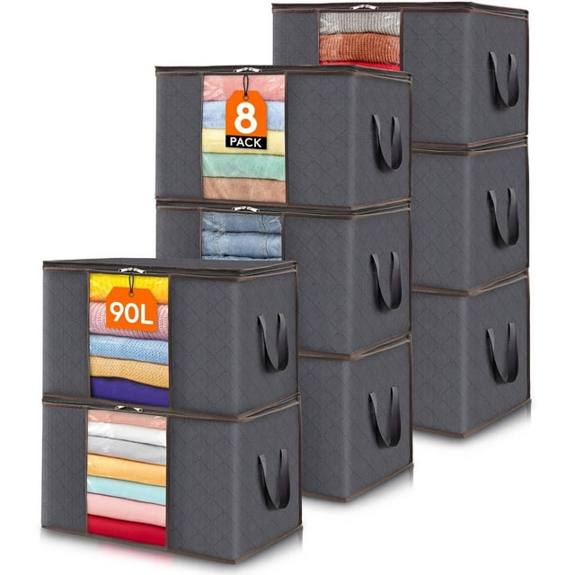 Bolsas Organizadoras Plegables de Gran Capacidad, Cajas Almacenaje Ropa con Asa Reforzada para Edredones, Mantas, Bolsas Organizadoras de Ropa con Cremallera Robusta (Gris, 8 x 90L)