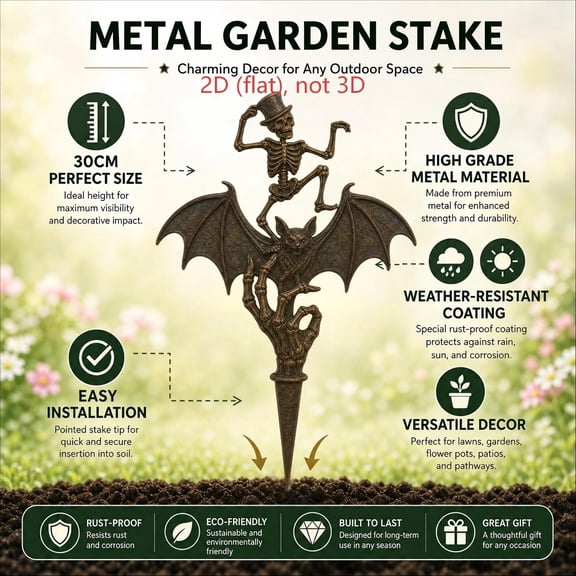 Halloween Metal Porch Stake, Iron Yard Ground Decor, Spooky Outdoor Accent, Inserts Firmly into Soil and Withstands Weather for Flower Bed, Walkway Border, and Garden Path.