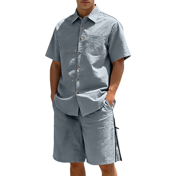 Uwinwear Men's Summer Outdoor Two-Piece Sets Lightweight Short Sleeve Button-Up Shirt and Side Zip Cargo Shorts Set Casual 2 Piece Casual Outfit,Light Gray,S