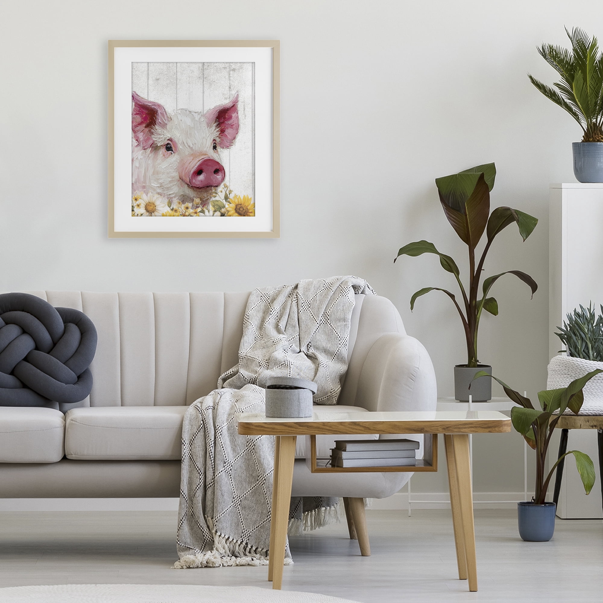 Stupell Industries Pig and Sunflowers Birch Framed Print Under Glass, design by Christine Simpson Art