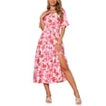 thumbnail image 4 of INSPIRAR CHIC Vestidos de Verano Boho para Mujeres con Escote en V, Manga Corta, Cintura con Cinta, Fluido, Con Abertura, Floral, Vestido Maxi de Playa S Rosa, 4 of 5